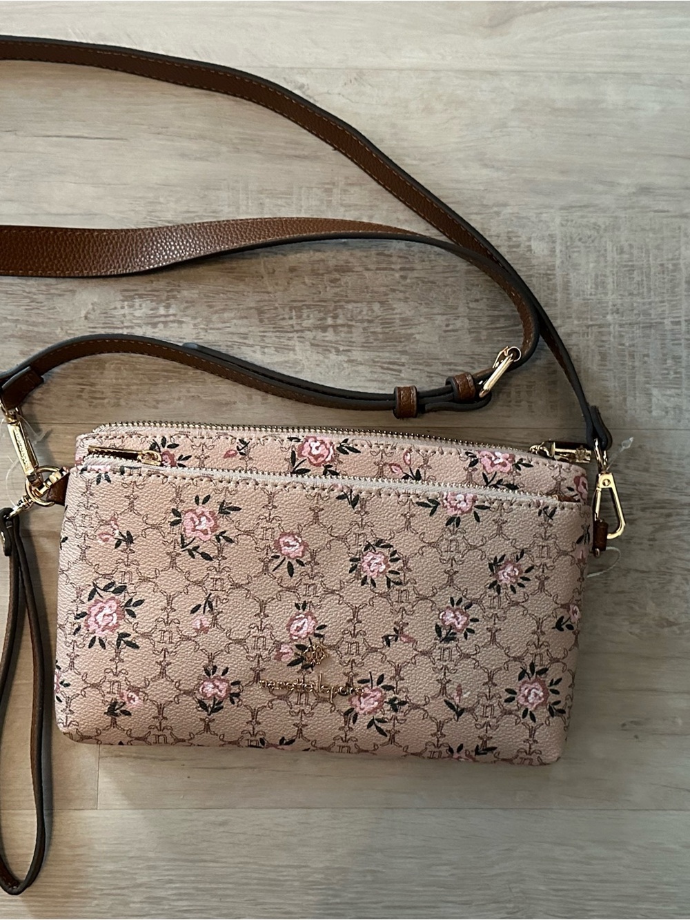 Nanette Lepore Pink Floral Crossbody Wristlet with Brown Strap